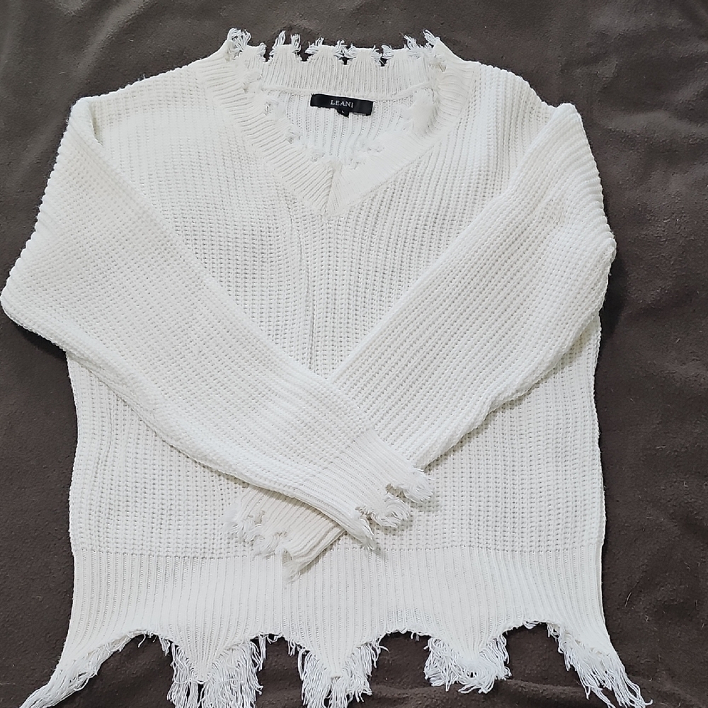 Women's White Frayed Sweater